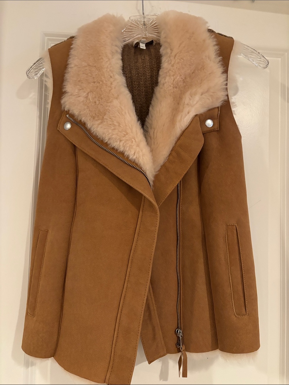 Joie Camel Suede Vest with Shearling Trim